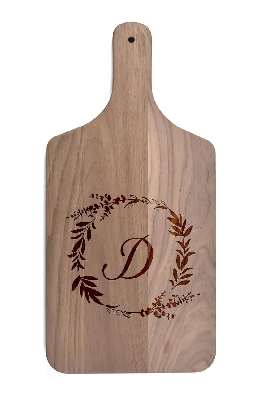 Floral Wreath Monogram Walnut Paddle Cutting Board